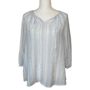 Fred David Women M Blouse Blue White Boho Peasant Cottagecore Top Coastal Office